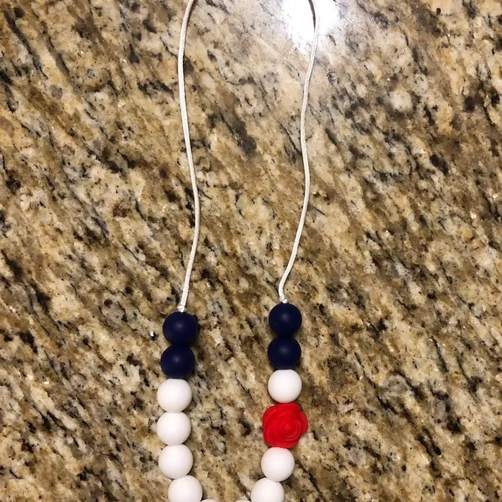 Red Rose with White & Blue Silcone Teething Necklace NK1521 Handmade NWT